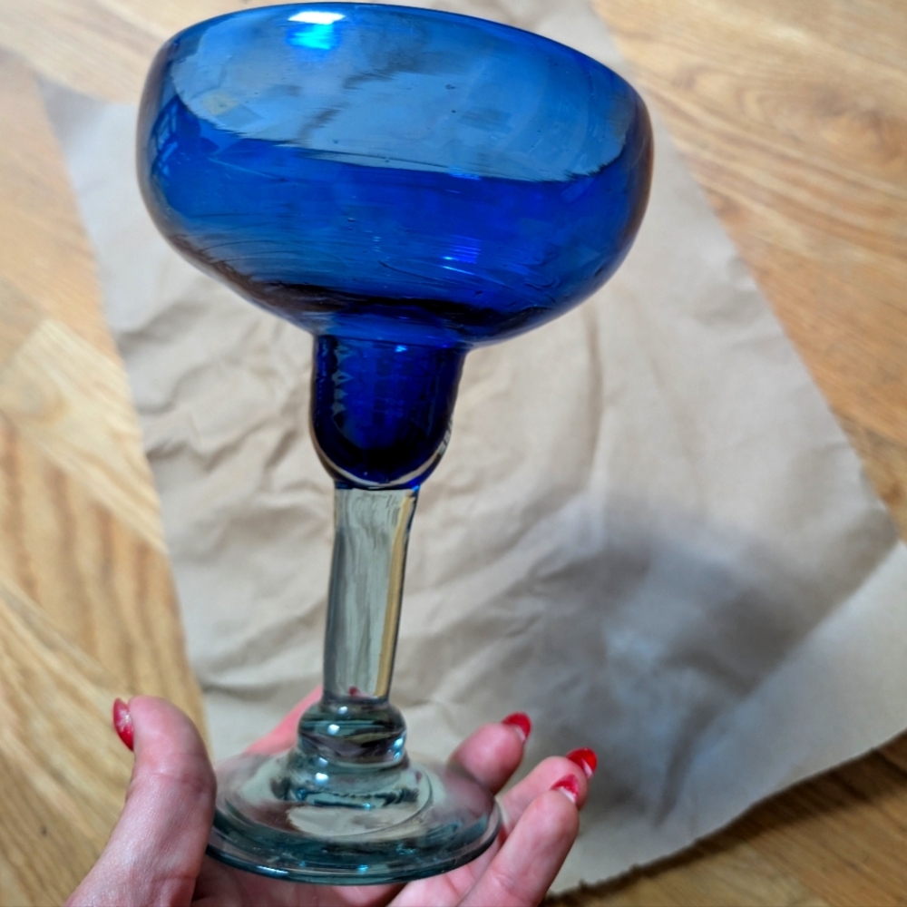 Hand blown blue/clear glass Mexico style vintage margarita‎ glass